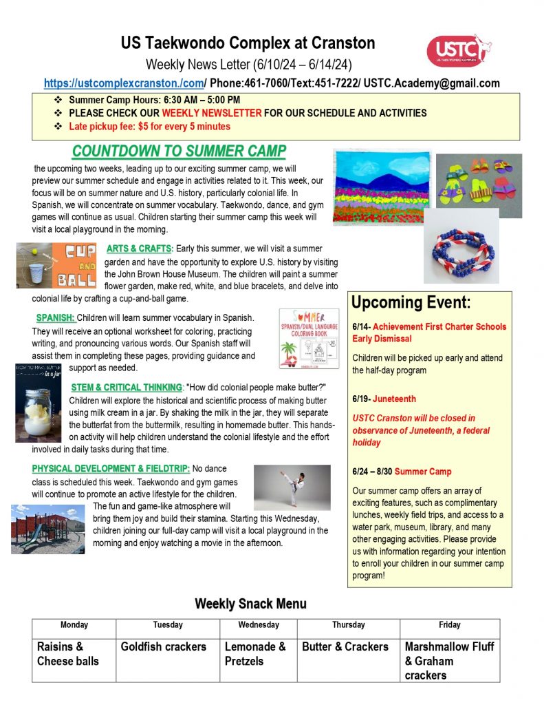 WEEKLY NEWSLETTERS: COUNTDOWN TO SUMMER CAMP 2024 (6/10 - 6/21/2024)